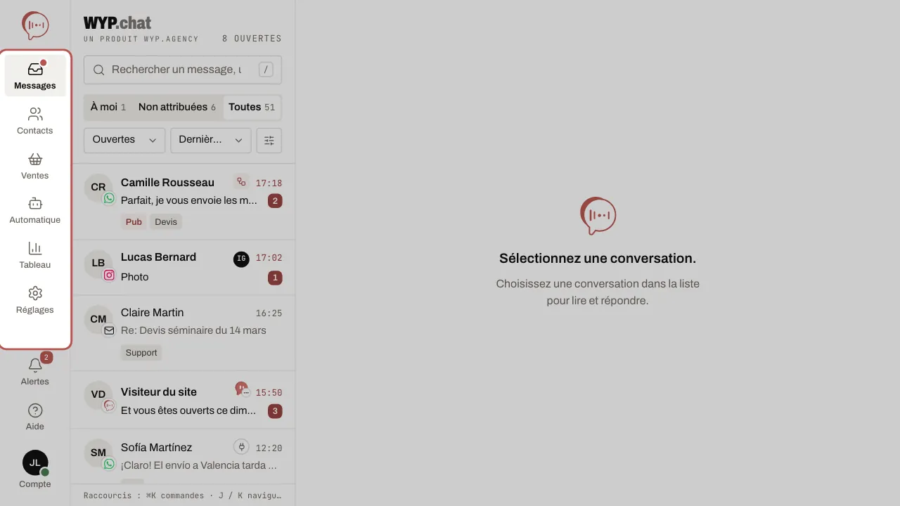 Le menu à gauche de l’application : Messages, Contacts, Ventes, Automatique, Tableau et Réglages, puis Alertes, Aide et Compte en bas