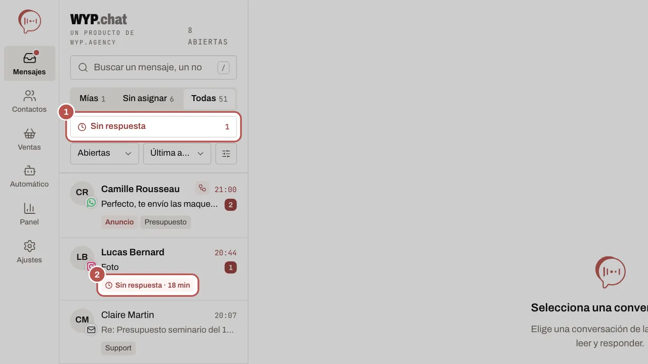 En la lista, el botón Sin respuesta bajo las vistas (1) y la pastilla Sin respuesta · 18 min de una conversación (2)