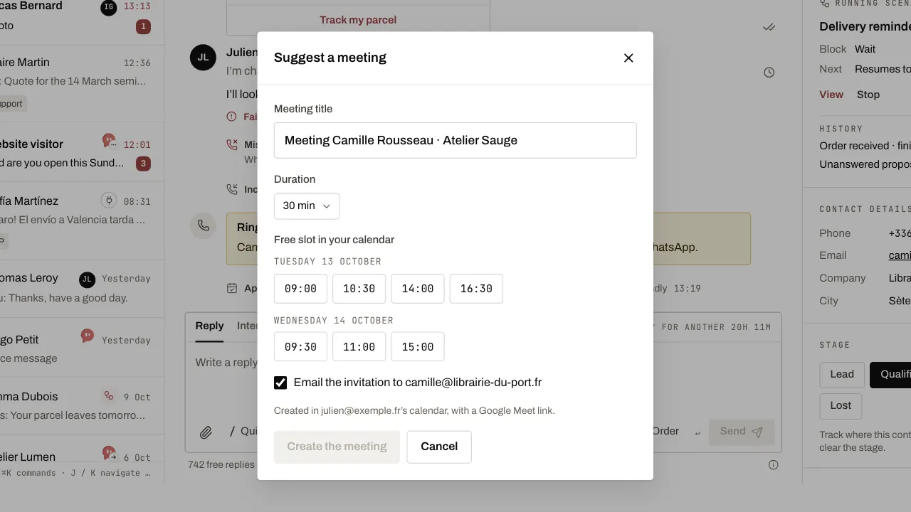 The Suggest a meeting window: title, duration and free slots