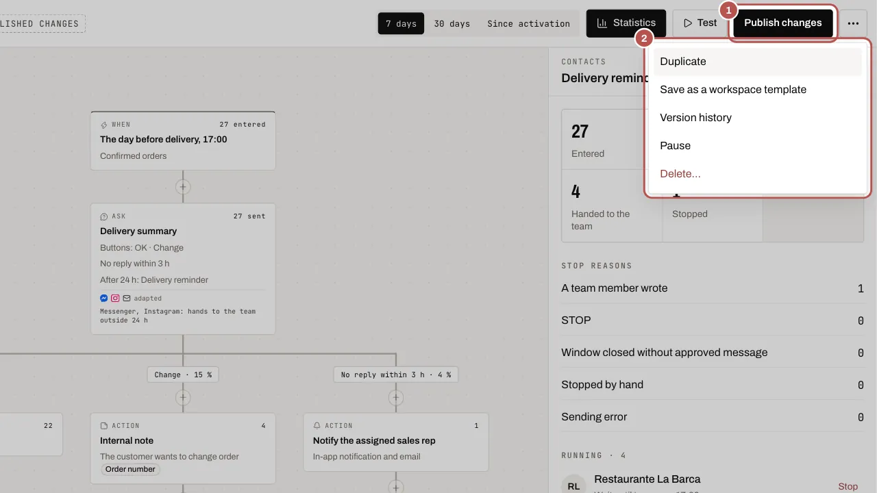 The edited draft, the Publish changes button and the More actions menu