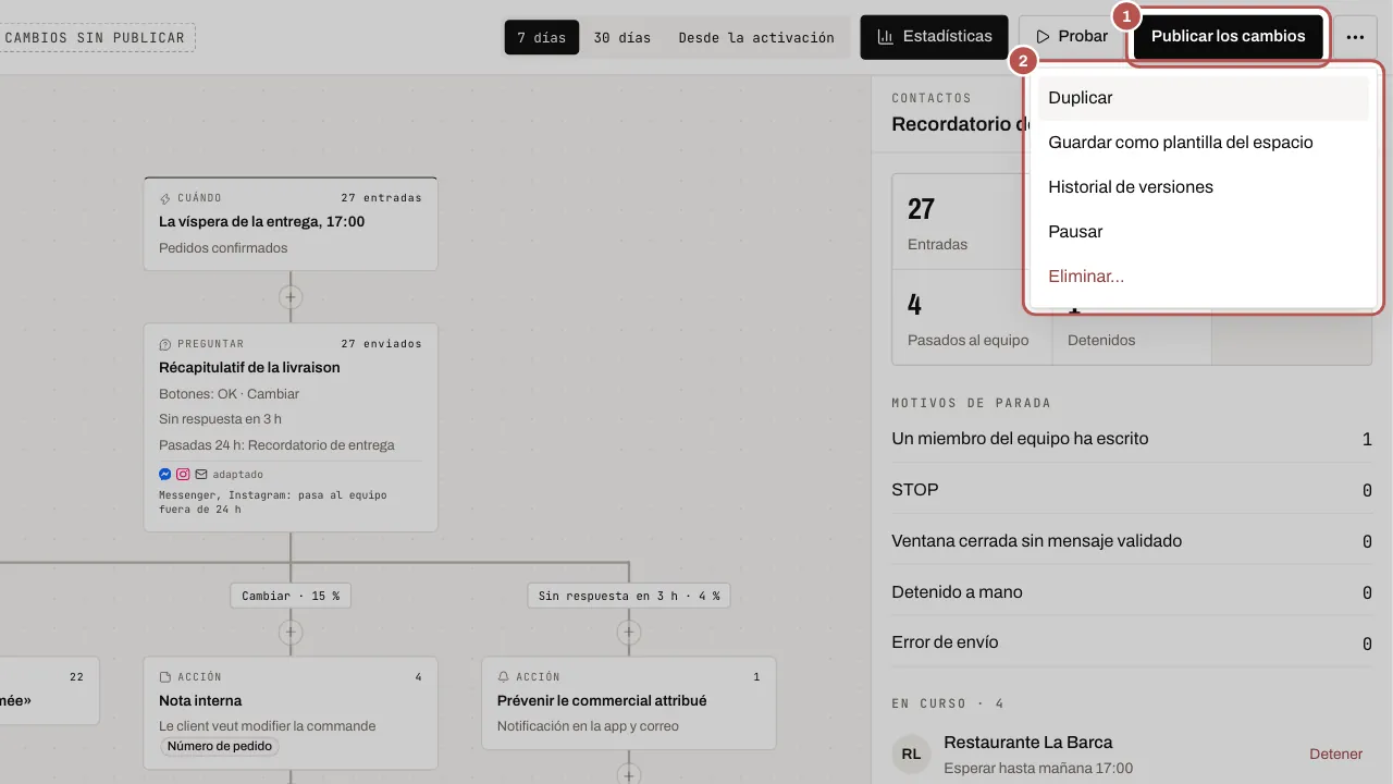 El borrador modificado, el botón Publicar los cambios y el menú Más acciones