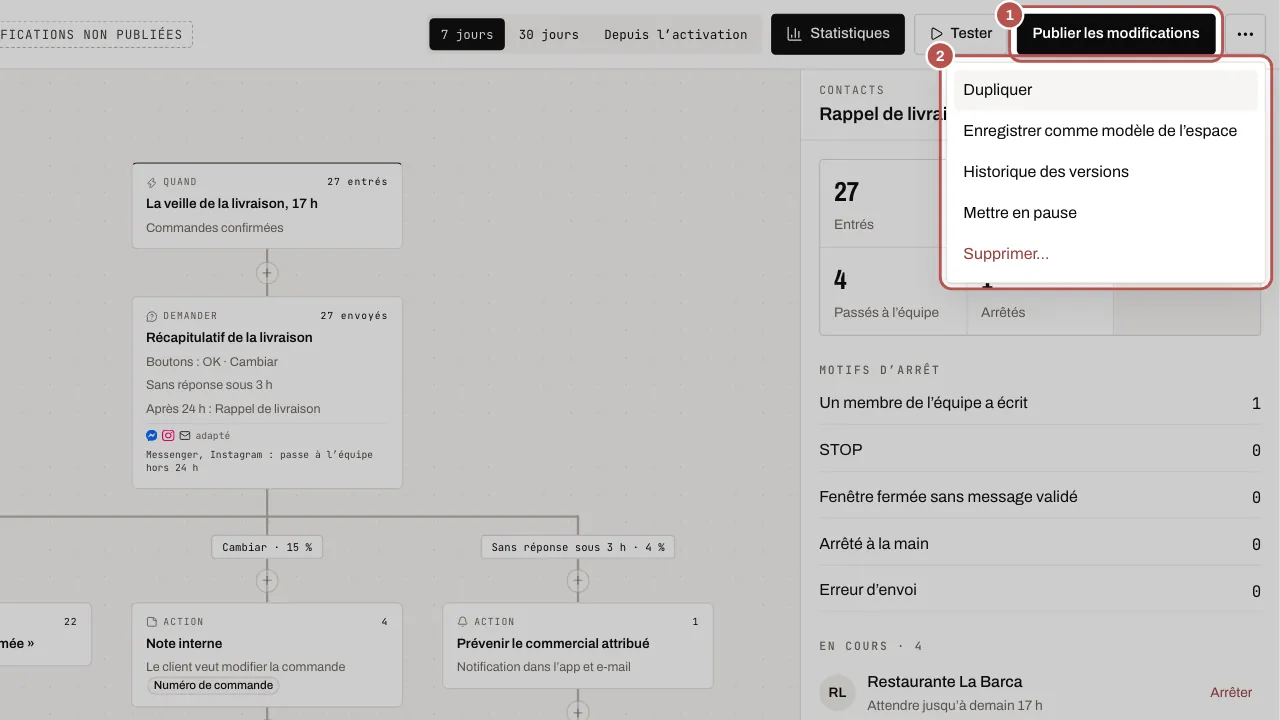 Le brouillon modifié, le bouton Publier les modifications et le menu Plus d’actions
