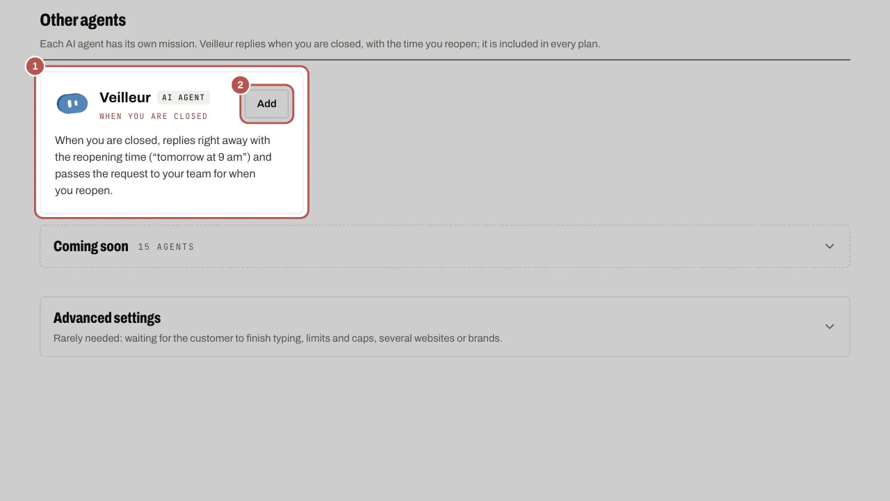 In Other agents, Veilleur’s card (1) with its Add button (2)