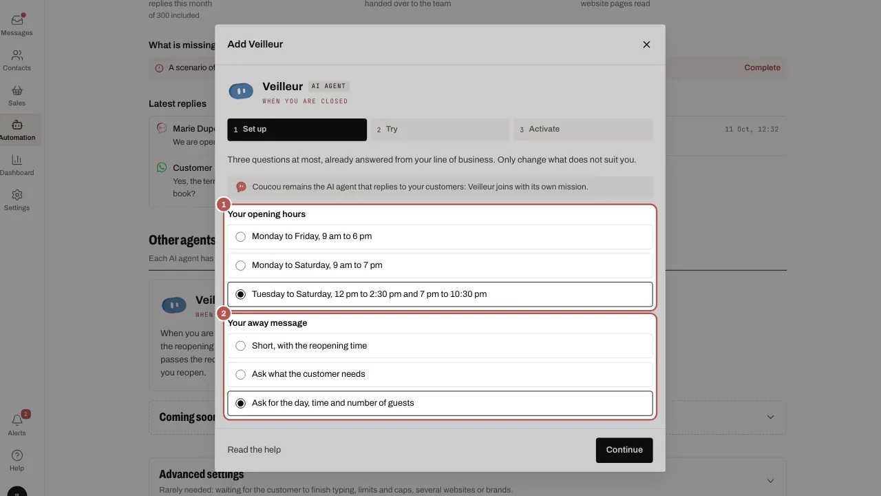 The Add Veilleur window, Set up step: the choice of opening hours (1) and of the away message (2)