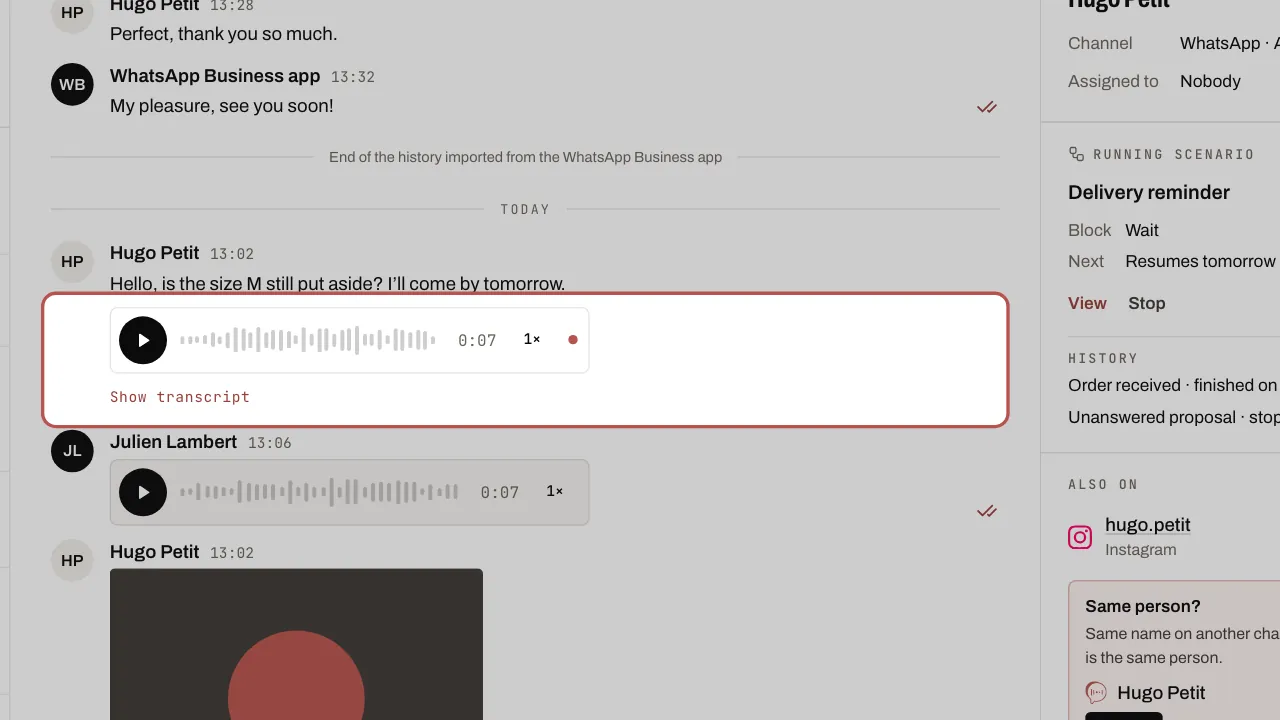 A voice message received: play, waveform, speed and Show transcript
