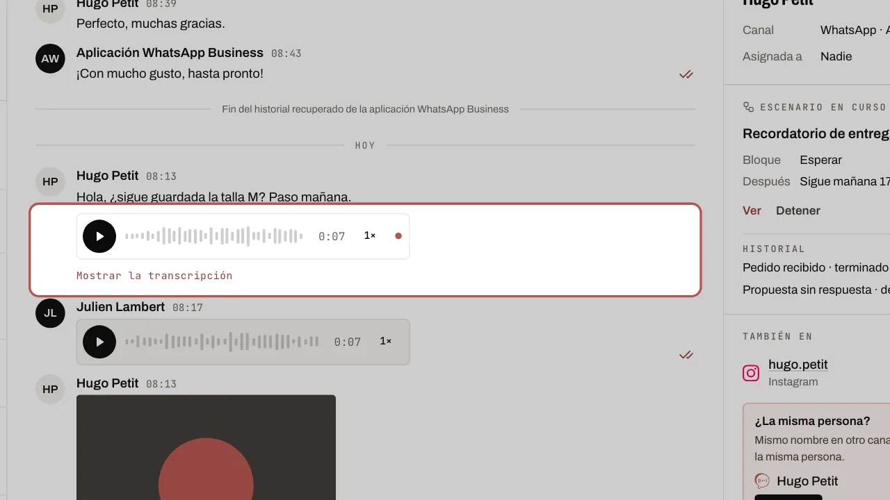 Un audio recibido: reproducción, forma de onda, velocidad y Mostrar la transcripción