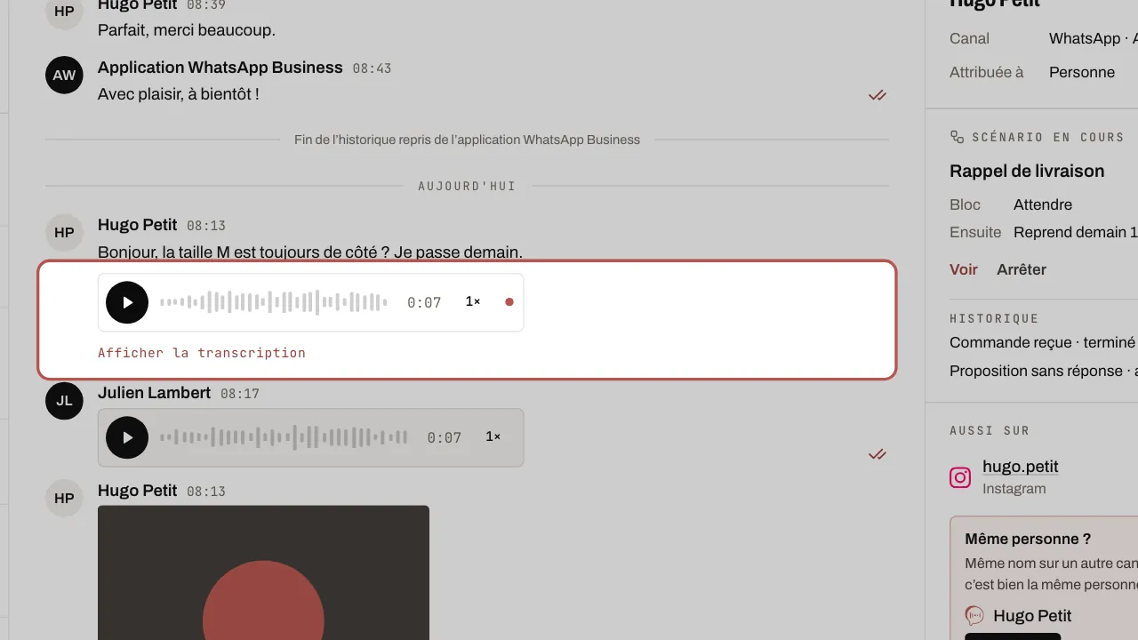Un vocal reçu : lecture, forme d’onde, vitesse et Afficher la transcription
